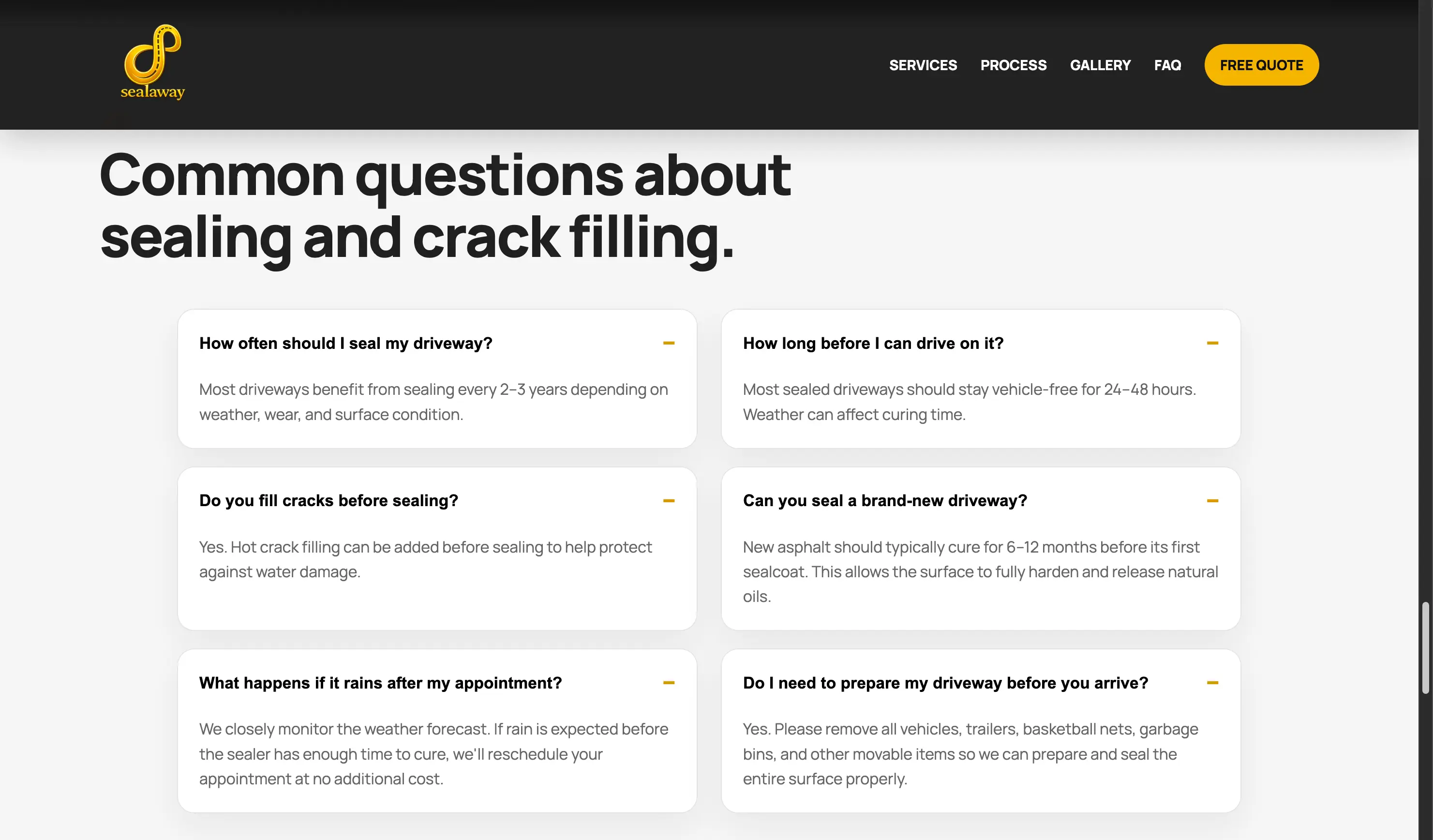 Sealaway FAQ section preview