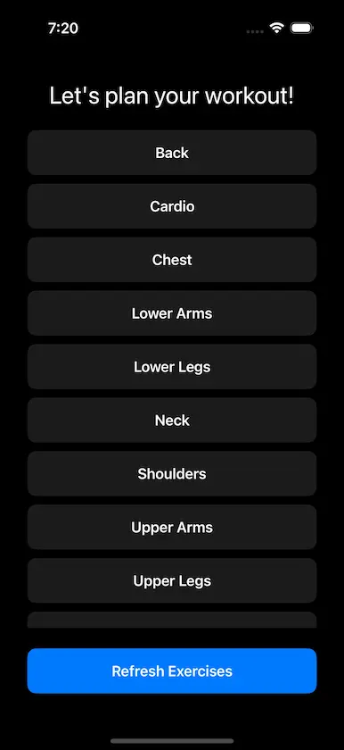 GetFit exercise categories screen