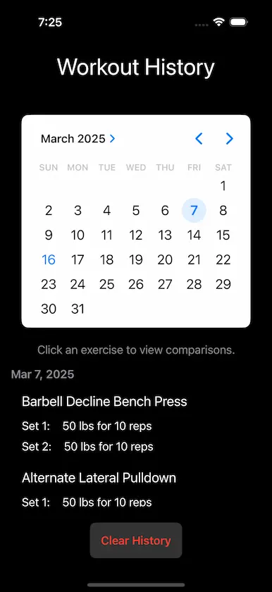 GetFit workout history screen
