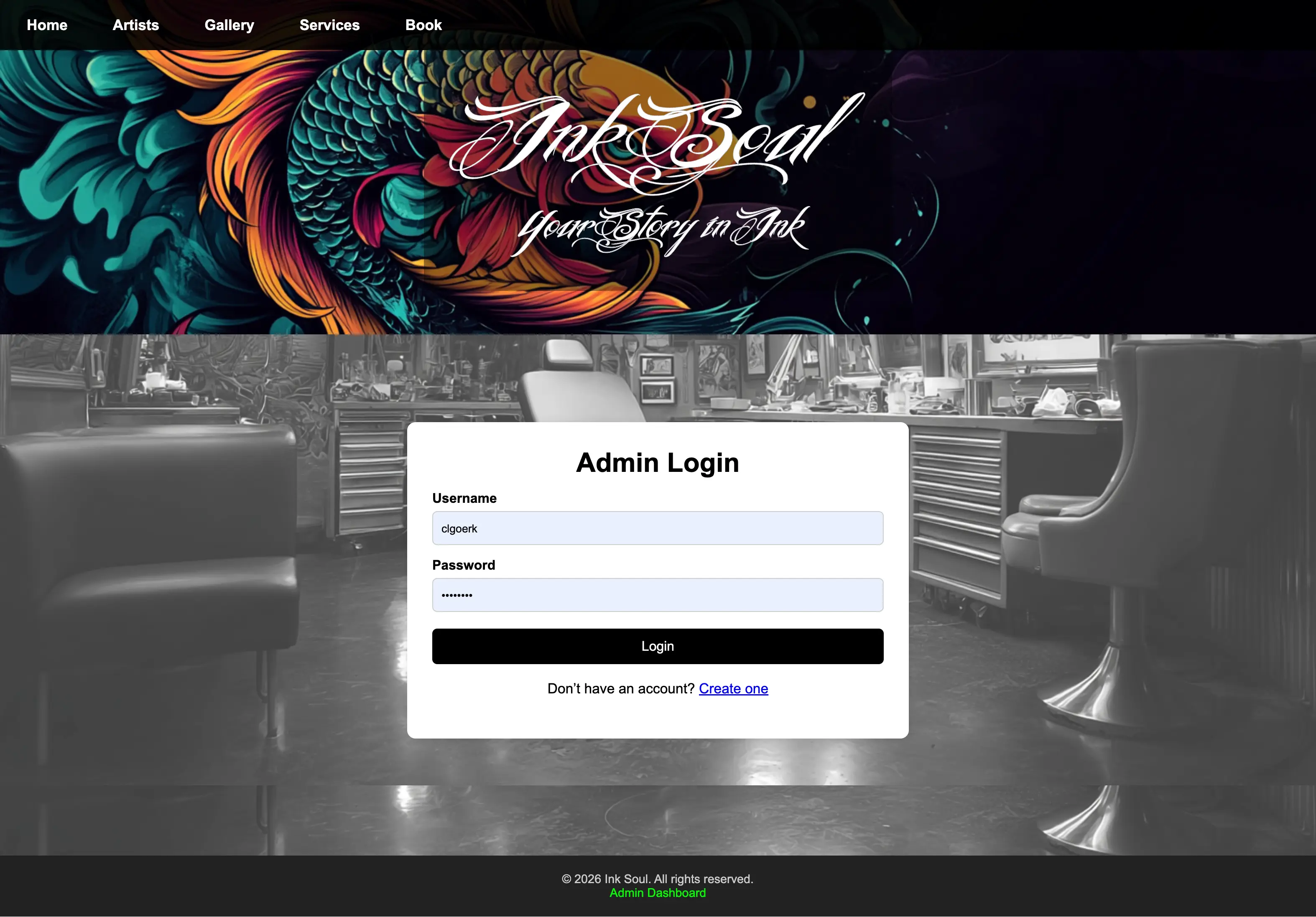 InkSoul login screen